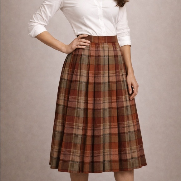Us Vintage Dresses & Skirts - Vintage Wool Boucle Plaid Pleated A-Line Skirt Brown Burnt Orange XS